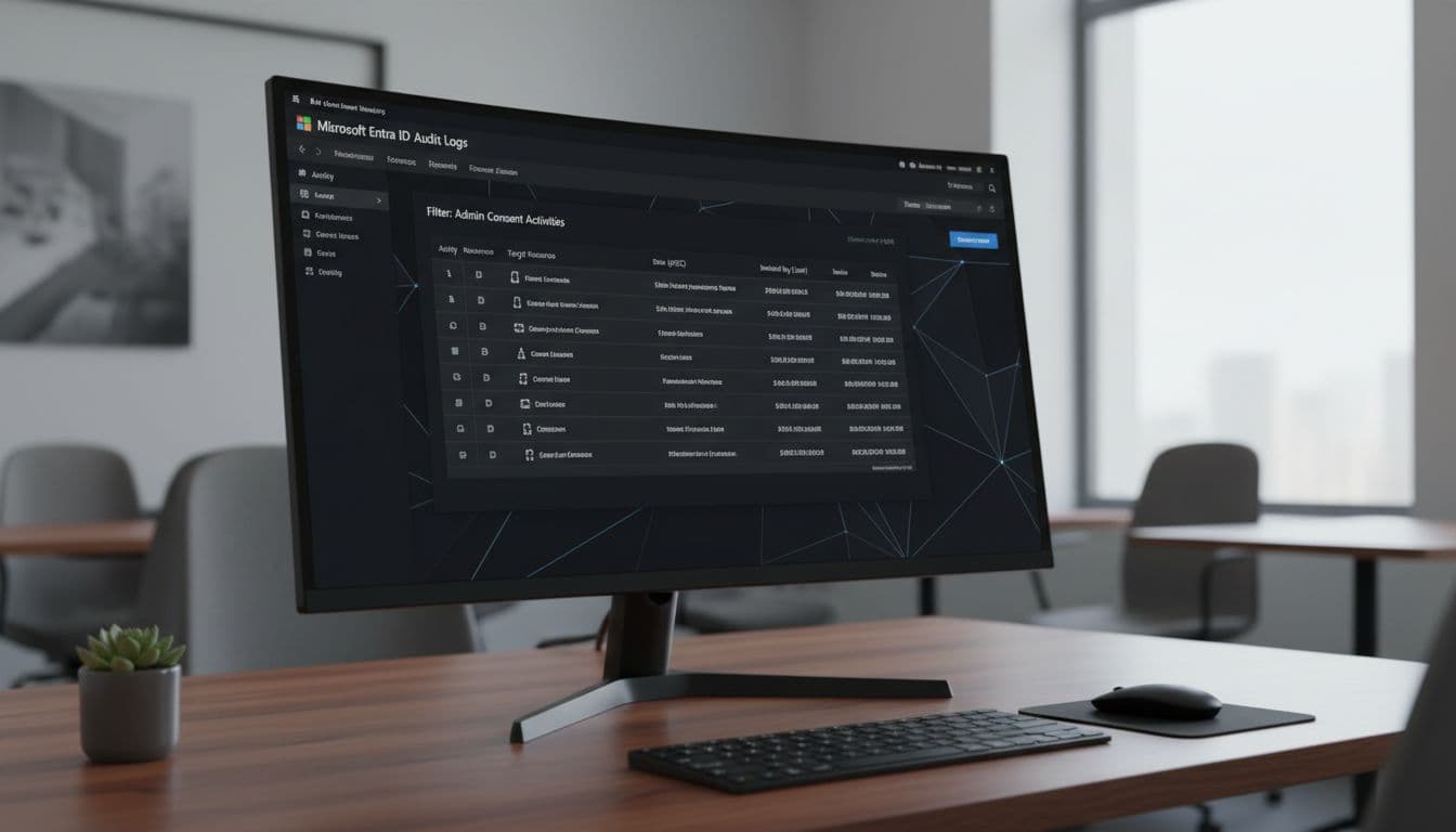 Computer monitor on a desk displaying Microsoft Entra ID audit logs interface filtered for admin consent activities in table view, modern dark theme, realistic softly lit office environment.