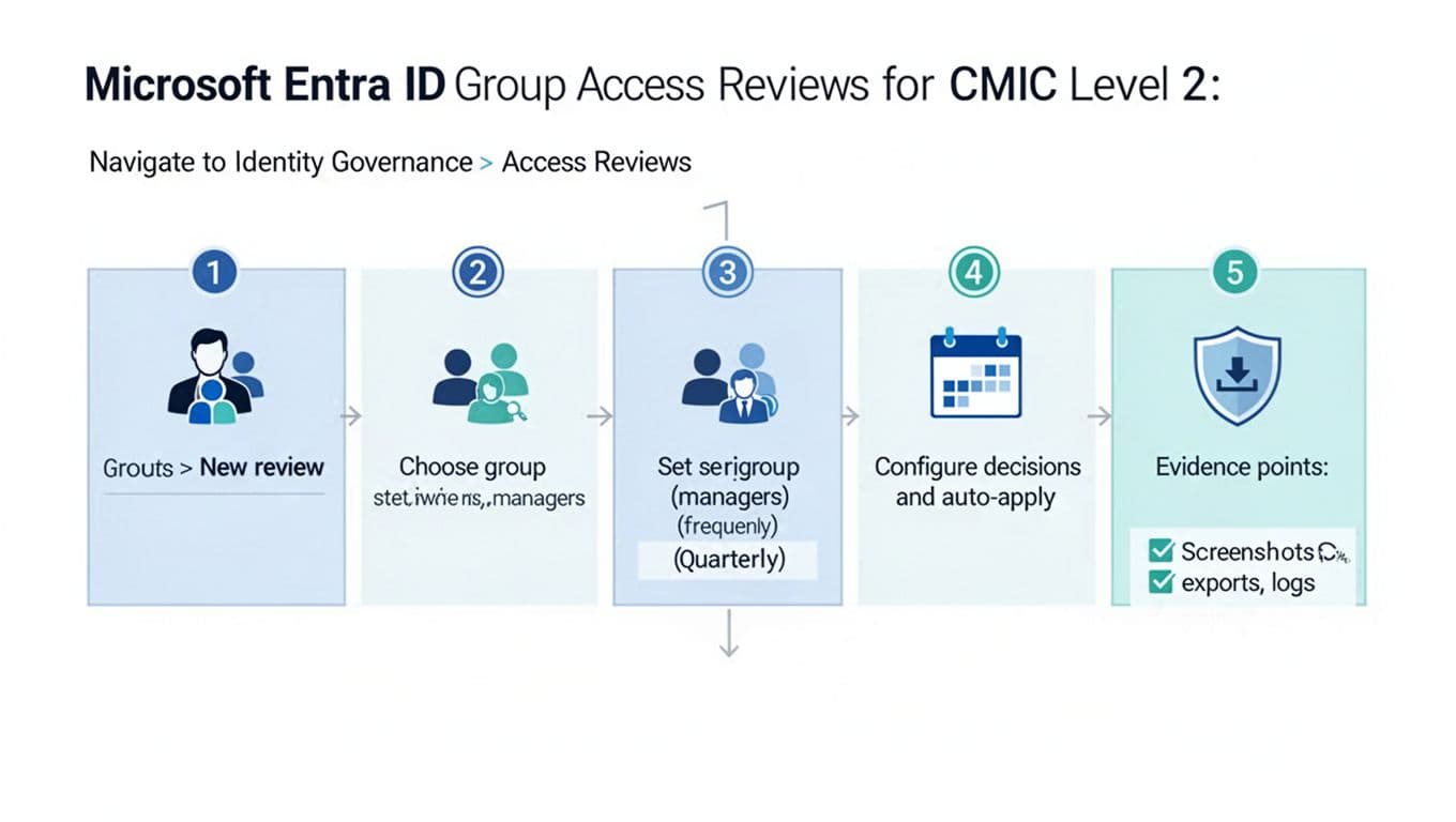 Clean, professional vector diagram in flat style depicting numbered setup steps for Microsoft Entra ID group access reviews compliant with CMMC Level 2, featuring navigation to Identity Governance, group selection, reviewer setup, frequency, decisions, and evidence collection.