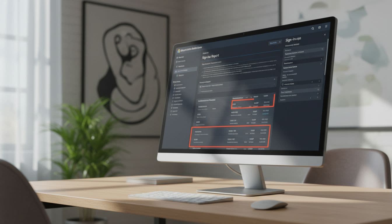 Microsoft Entra ID admin center dashboard showing a filtered sign-ins report highlighting legacy authentication protocols like POP3, IMAP, and SMTP, displayed on a single large monitor on a professional office desk at an angle with soft natural lighting.