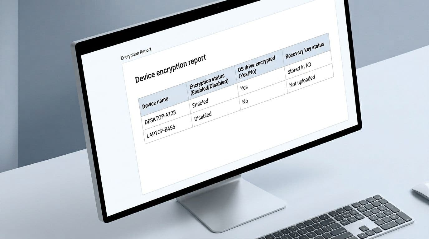 Clean, professional screenshot mockup of Microsoft Intune admin center dashboard displaying Device encryption report with two devices in a table showing encryption status, OS drive encryption, and recovery key status. Modern flat style on a white background, screen at slight angle on desk with keyboard nearby.
