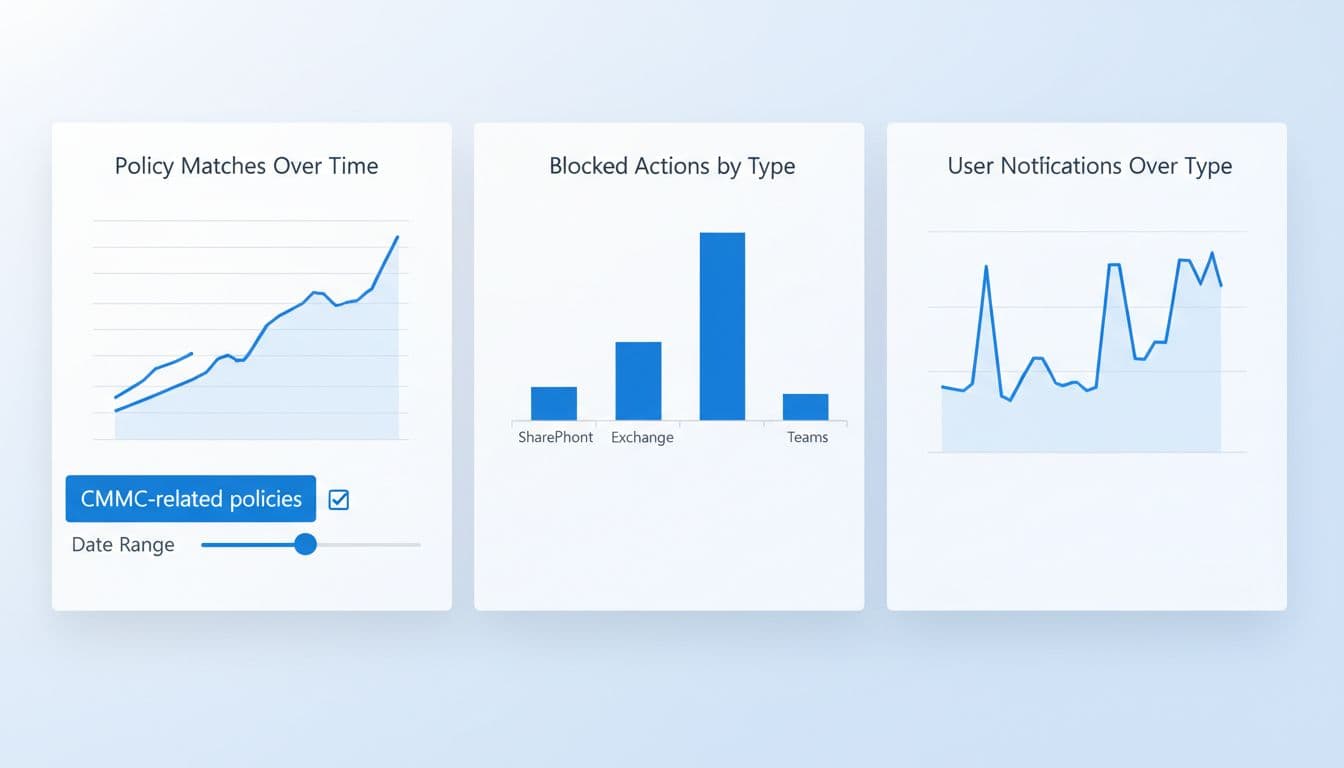 Simple dashboard visualization of Microsoft Purview DLP activity reports, featuring charts for policy matches, blocked actions, user notifications over time, and filters for CMMC-related policies in a blue and neutral modern analytics style.