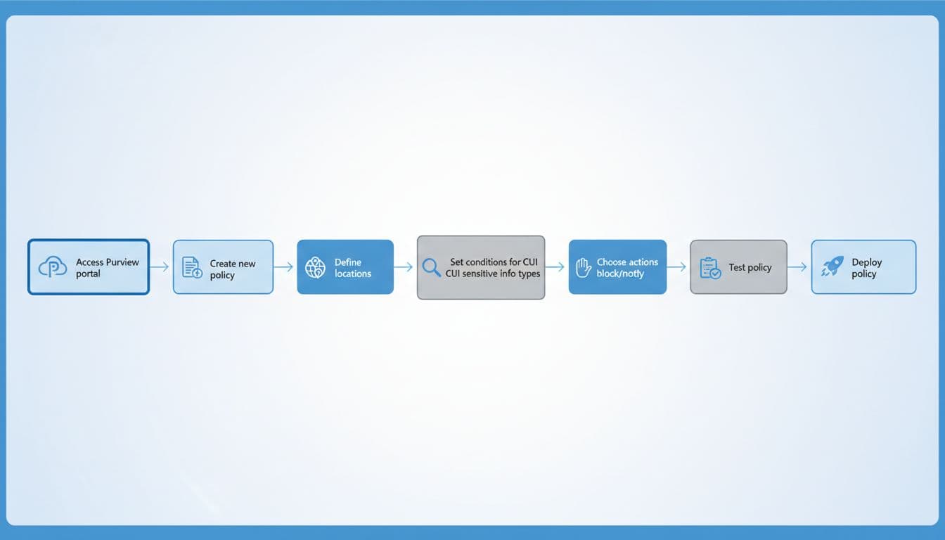 Clean technical flowchart diagram illustrating the step-by-step Microsoft Purview DLP setup process, from accessing the portal to deploying the policy, in modern flat design with Microsoft 365 colors.