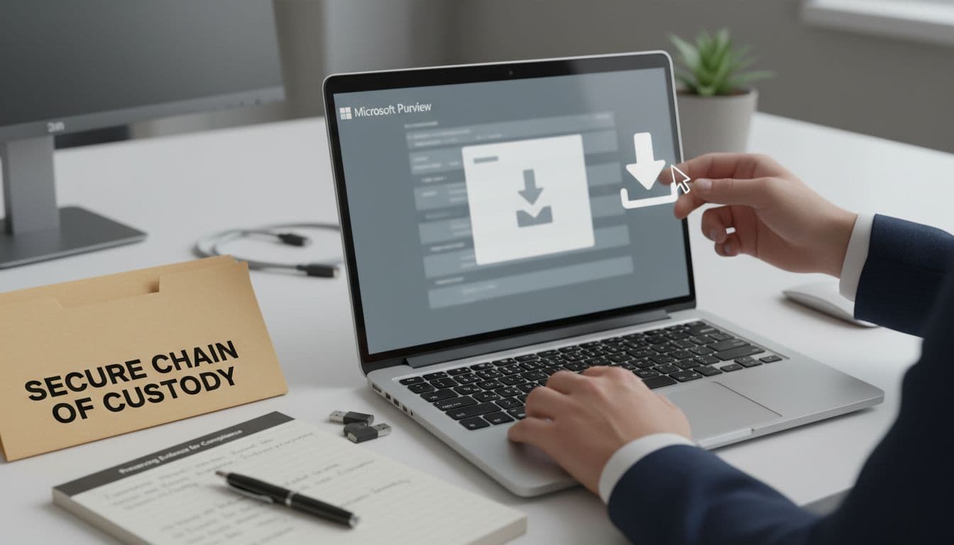 Close-up of hands exporting logs from Microsoft Purview console on an angled laptop screen, with a secure chain of custody folder and notepad on a professional desk under neutral lighting.