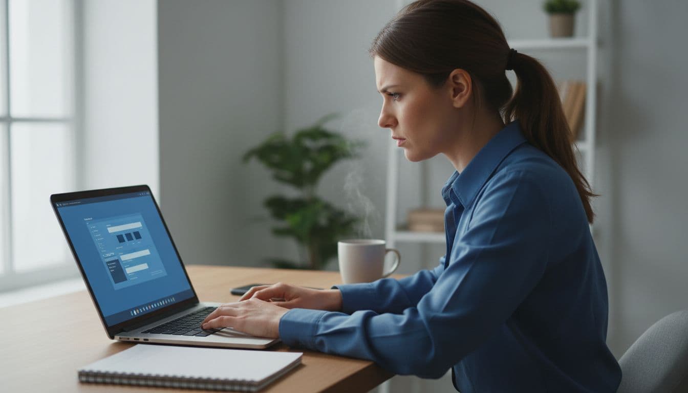 Professional IT administrator in a modern office configures Microsoft Sentinel in the Azure portal on a laptop screen at a slight angle, focused expression, desk with notebook and coffee mug.