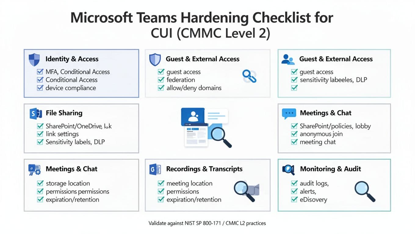 Minimalist infographic with a step-by-step checklist for hardening Microsoft Teams for CMMC Level 2 compliance with CUI, featuring six sections on identity, guest access, file sharing, meetings, recordings, and monitoring, using sharp vector icons and subtle blue-teal-gray accents on white background.