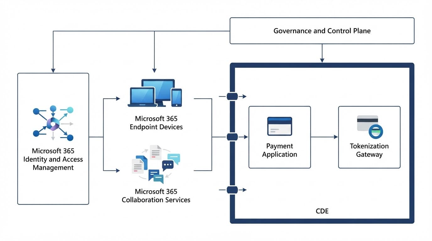 Diagram showing Microsoft 365 services connected to payment systems within a PCI scope boundary.
