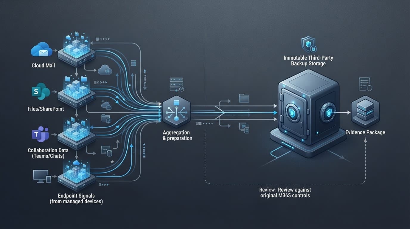 Blue infrastructure diagram connecting Microsoft 365 data sources to backup storage and an evidence repository.