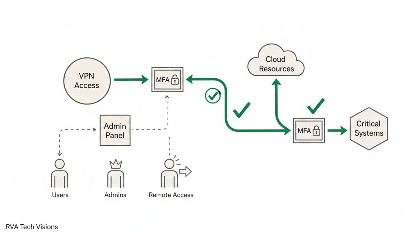 Minimalist editorial illustration in sketch-style line art with soft pencil texture and bold green accents on checkmarks and paths, depicting a flowchart of access types like VPN, cloud, and admin with MFA gates on a clean white background.