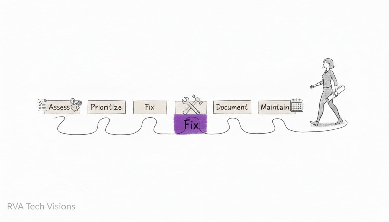 Minimal roadmap illustration showing steps labeled Assess, Prioritize, Fix, Document, Maintain with a confident business owner walking the path