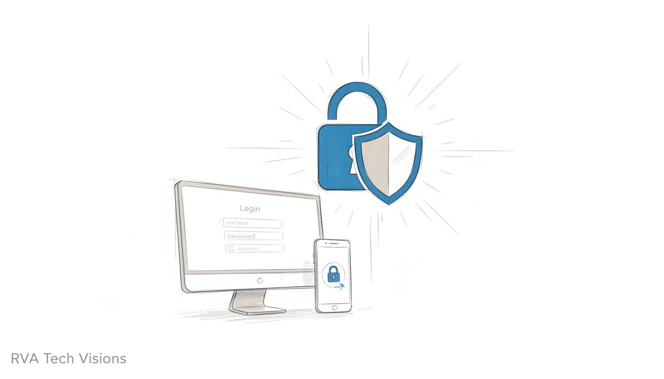 Minimalist editorial sketch-style line art illustration with soft pencil texture in neutral tones and bold blue accent on a secure lock and shield representing MFA protection. Features a computer login screen and phone for authentication on a clean white background with faint network lines and RVA Tech Visions watermark.