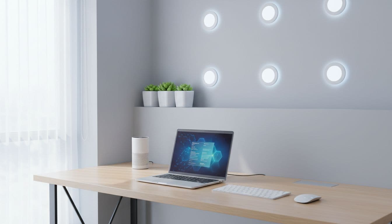 A single laptop rests on a tidy, minimalist desk illuminated by soft natural light.