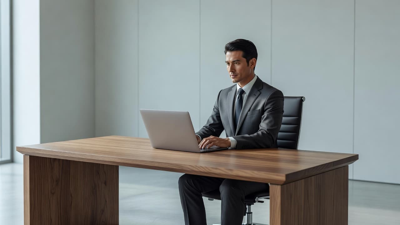 An open laptop sits neatly on a polished wooden desk within a brightly lit office. The clean, uncluttered layout suggests a focused environment dedicated to maintaining high-level organizational information security protocols.