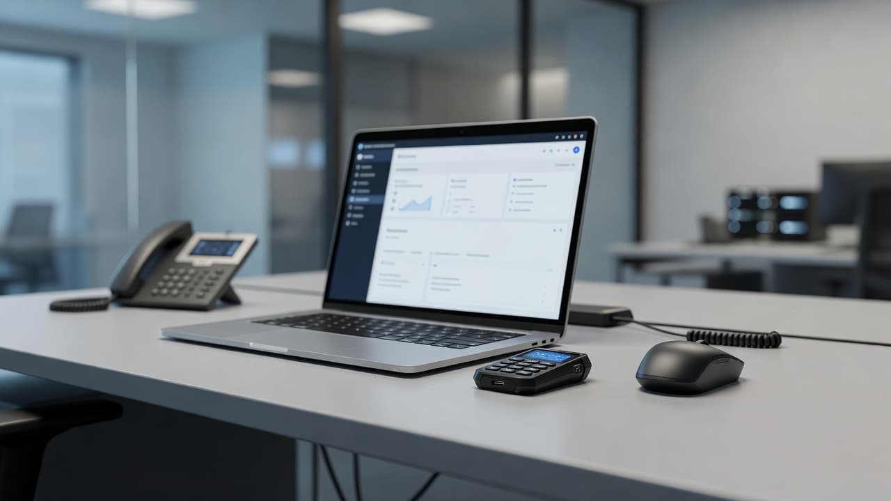 A sleek silver laptop sits beside a physical security token on a clean white desk. Soft ambient lighting highlights the professional gear within this organized and secure IT work environment.