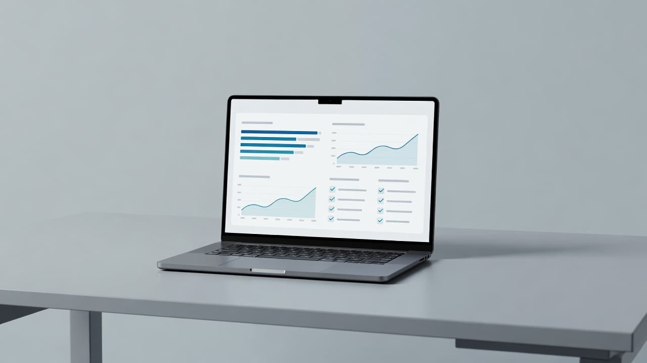 A sleek silver laptop sits open on a minimalist desk, displaying a glowing digital dashboard with vibrant abstract charts. Soft ambient light highlights the organized workspace and professional technical interface.