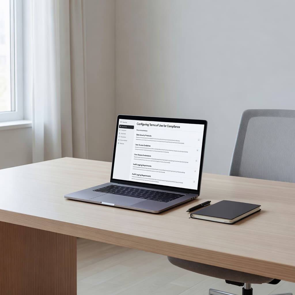 An open laptop sits on a sleek desk surface within a minimalist office. Soft light streams in from the side, highlighting the clean, organized workspace and modern equipment setup.