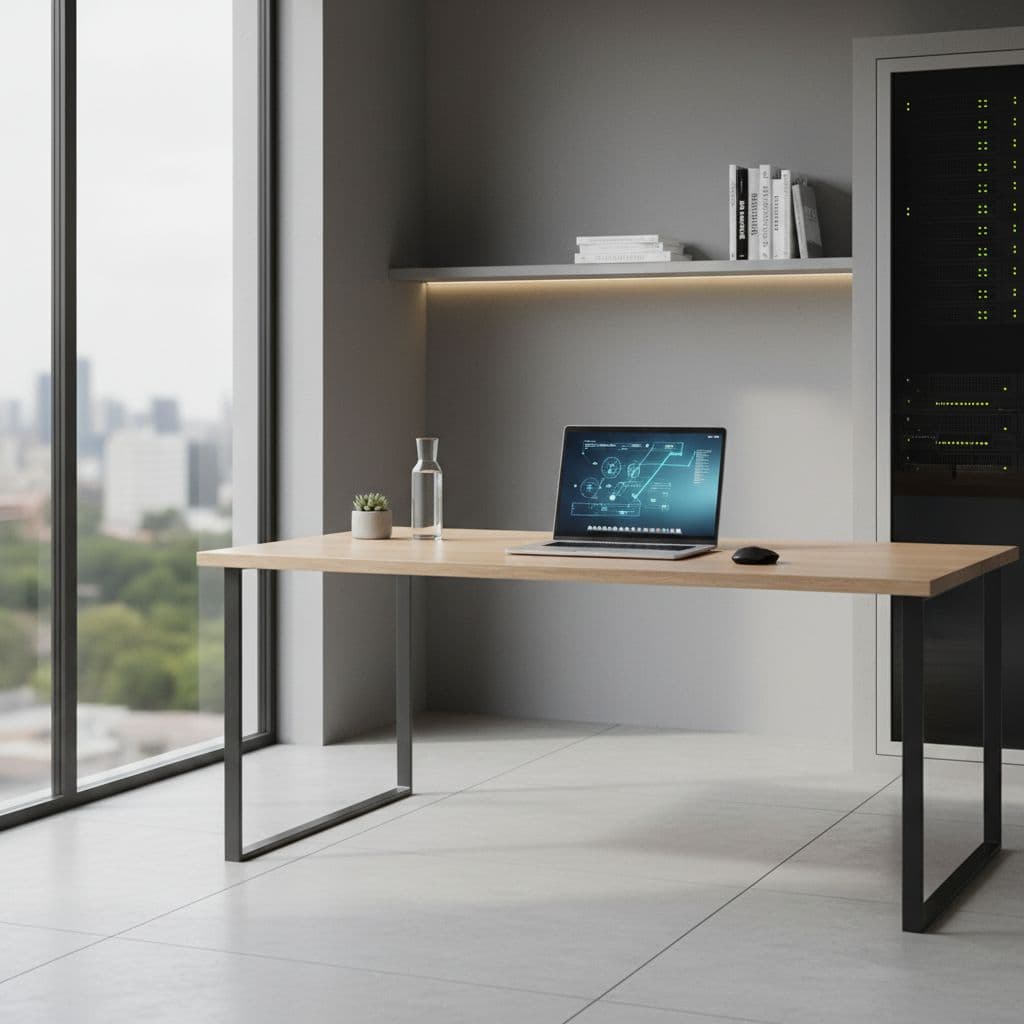 A single open laptop sits on a clean wooden desk illuminated by soft natural window light.