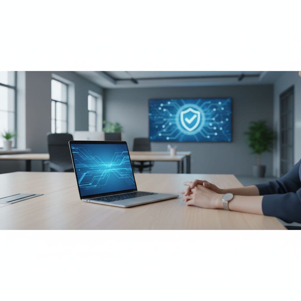 A person rests their hands on a clean desk next to a laptop with digital security icons.