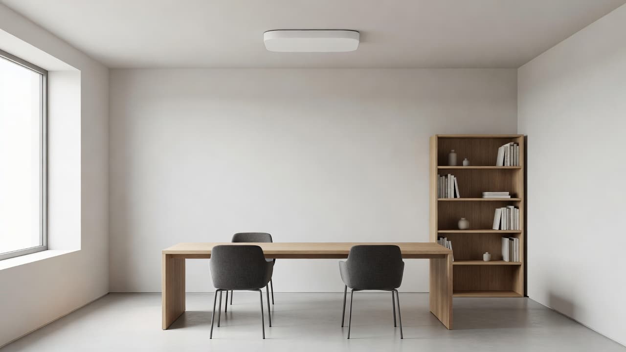 A minimalist office desk sits below a white wireless access point mounted to the ceiling. Soft daylight illuminates the uncluttered workspace, highlighting the sleek desk surface and professional networking hardware installation.