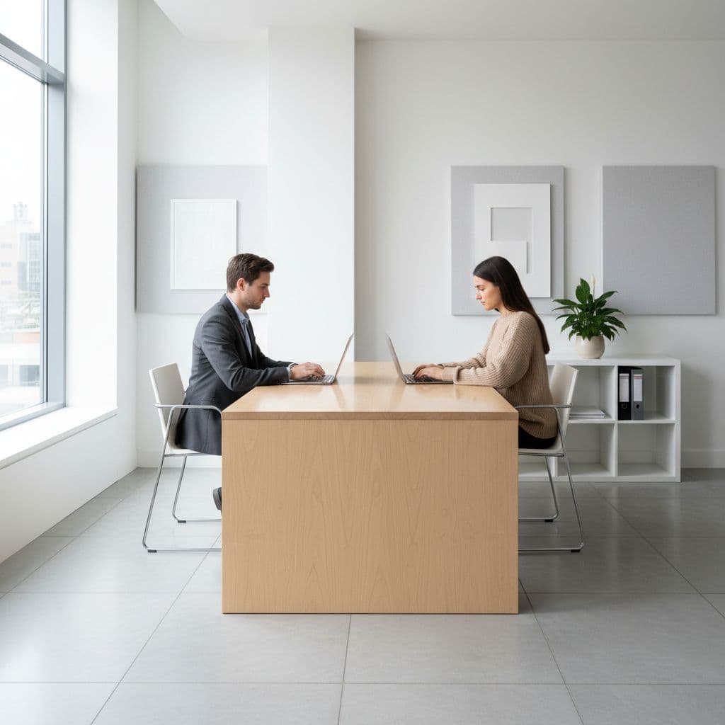 Two individuals sit at a clean, white desk collaborating on their laptops within a bright, contemporary office. The tidy workspace features organized hardware and neutral decor under soft, ambient lighting.