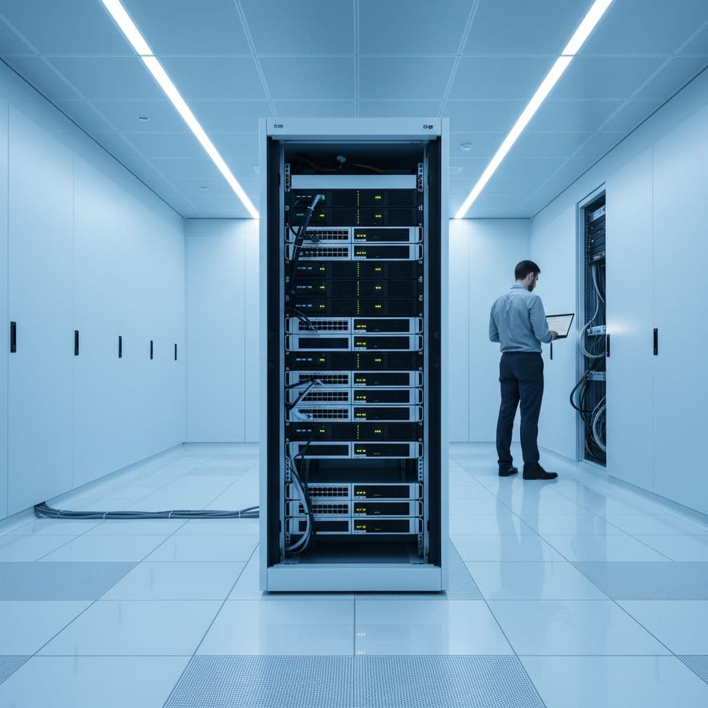 A professional IT administrator works on a laptop inside a clean, modern server room with blue lighting.