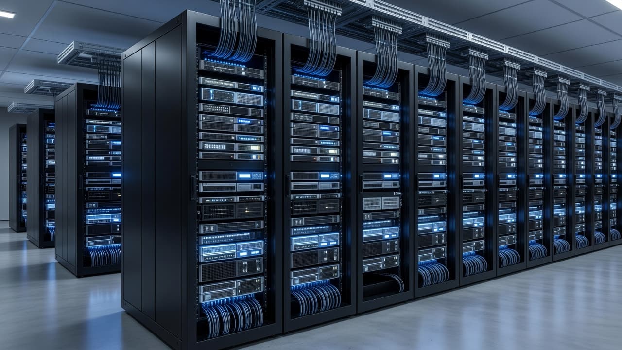 Rows of sleek server racks feature glowing blue and white LEDs within a sterile data center environment. Precisely organized cabling runs along the metallic frames, highlighting a highly secure managed architecture.
