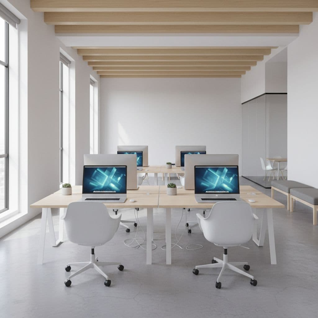 A minimalist office room featuring multiple empty desks equipped with monitors and laptops under natural light.