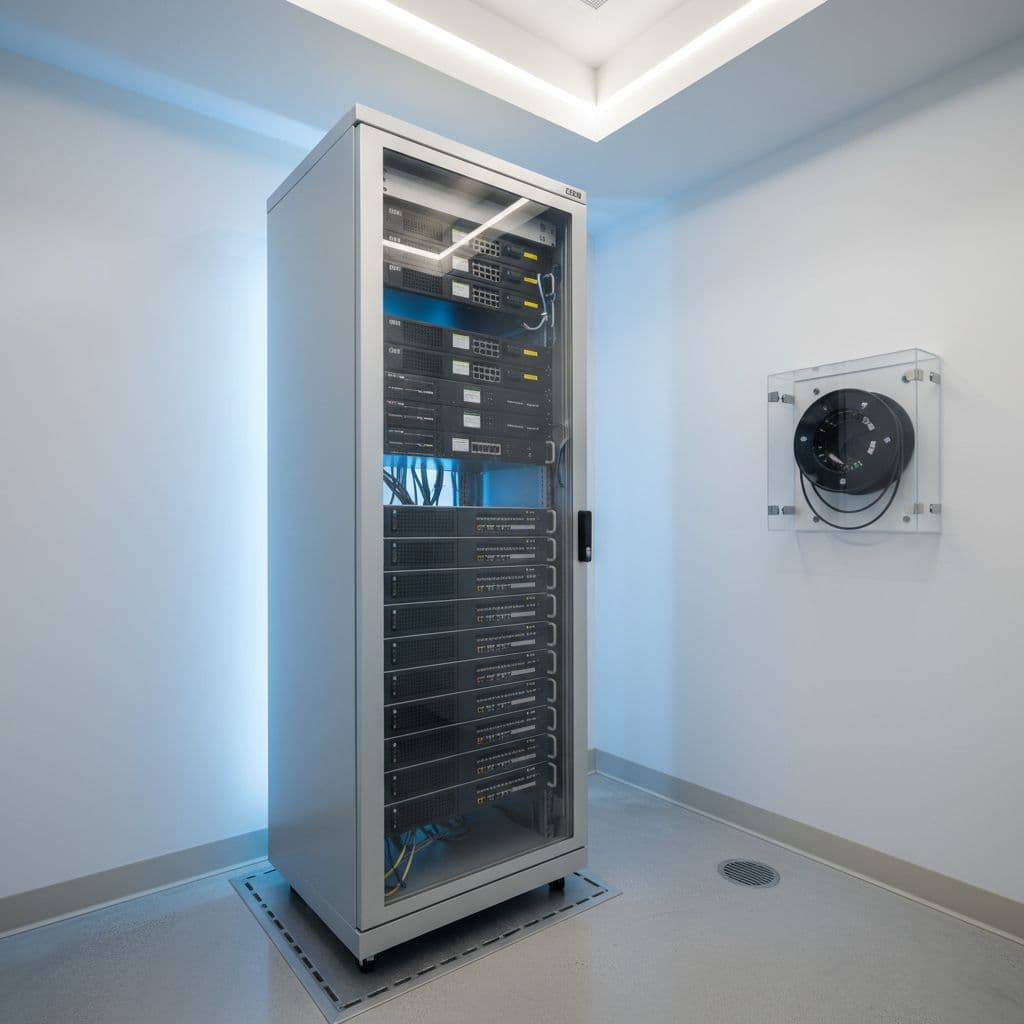 Clean modern server closet with single rack under soft ambient lighting.