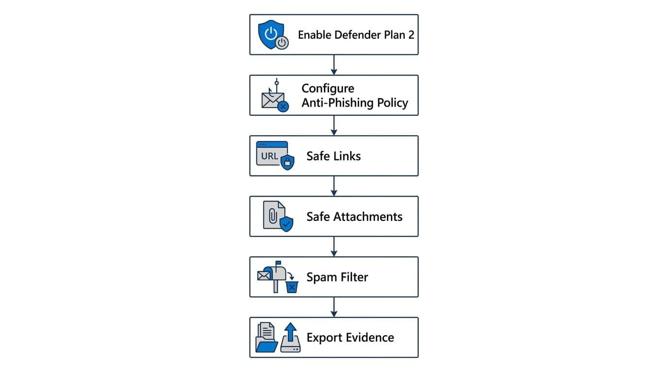 Clean flat vector flowchart showing sequential steps for Office 365 Defender baseline setup, starting from Enable Defender Plan 2 to Export Evidence, with icons for anti-phishing, Safe Links, Safe Attachments, and Spam Filter.