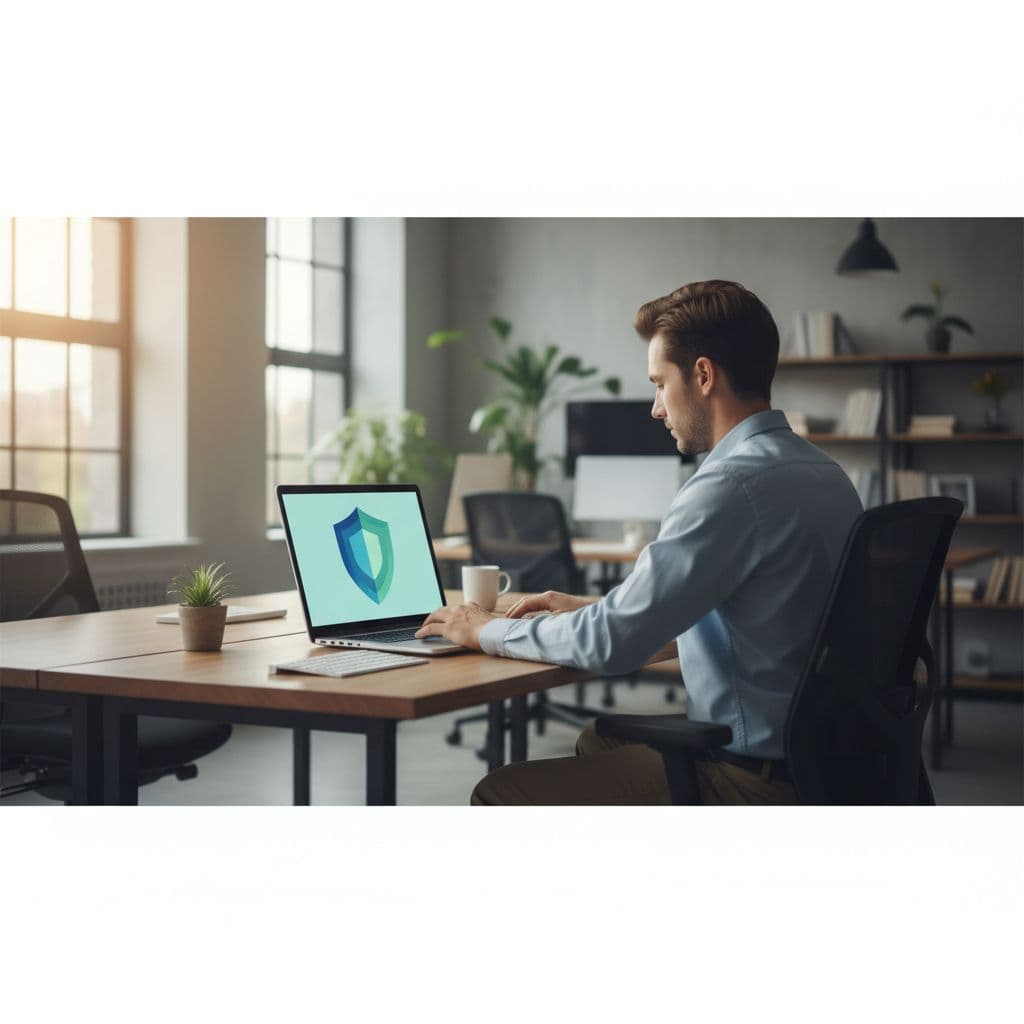 Person works at desk in modern office, laptop screen displays abstract shield icon.