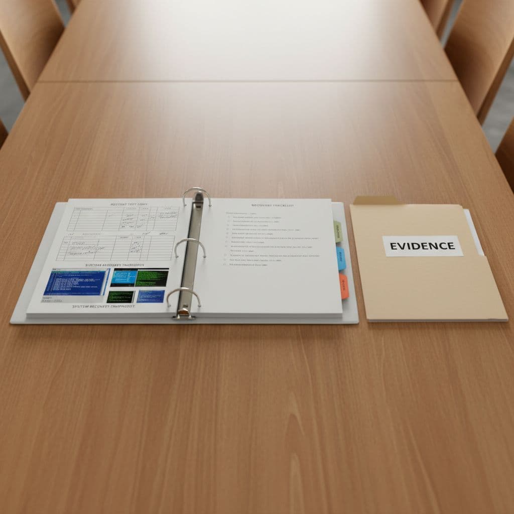 Close-up of an organized binder containing printed restore test logs, screenshots, and checklists on a natural wood conference table with bright even lighting, realistic photo style, no people or clutter present.