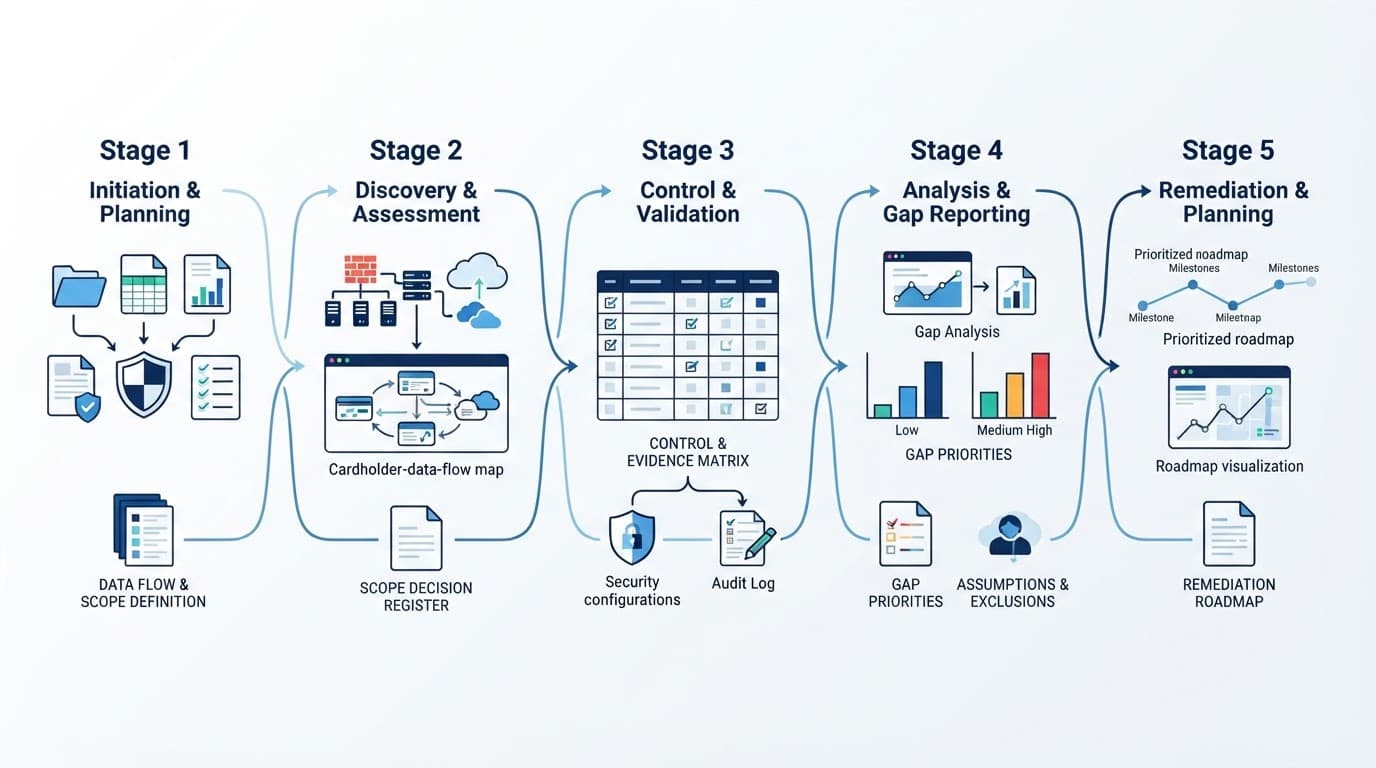 Five connected stages show a PCI scoping workflow