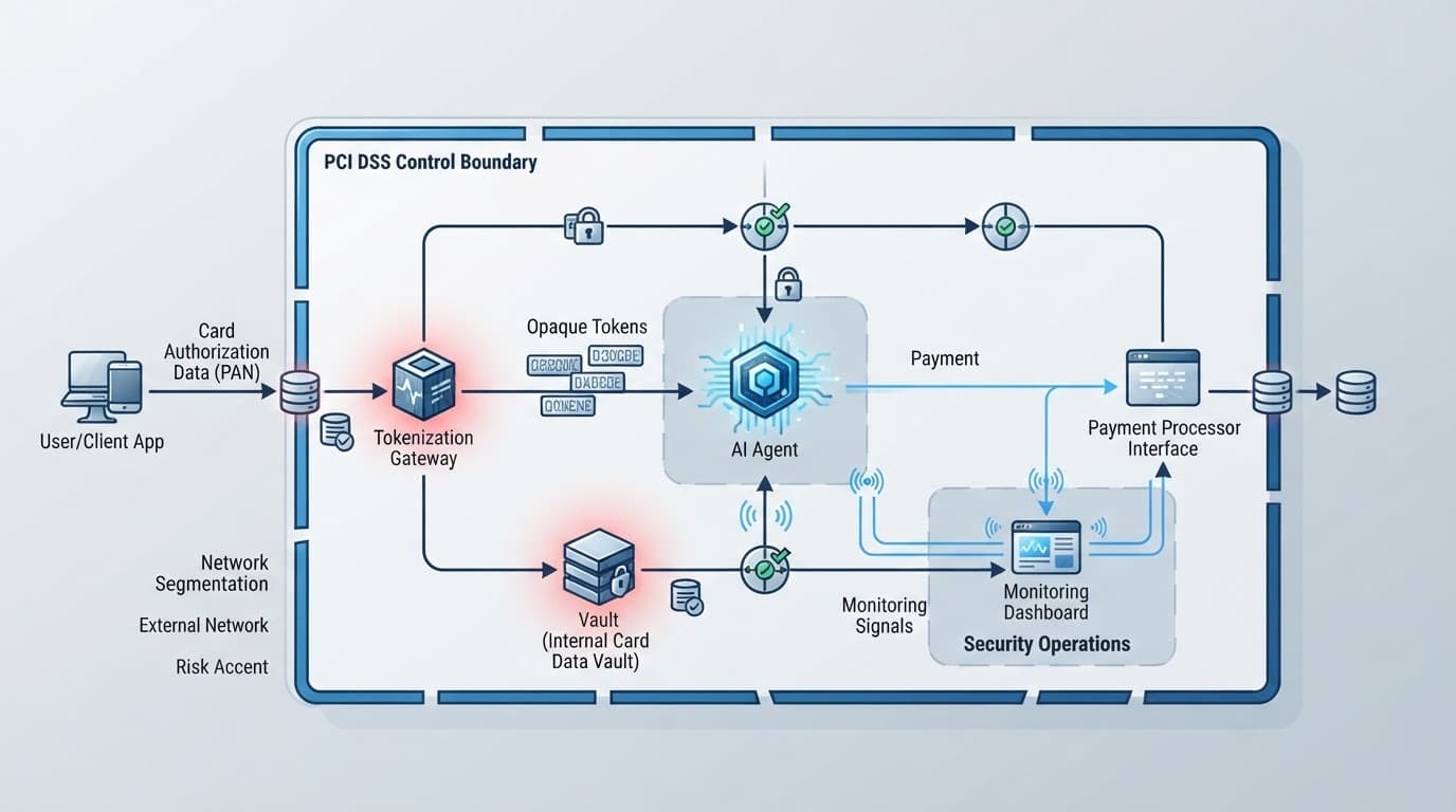 Payment data enters a protected zone, while tokenized data exits to monitoring and audit systems.