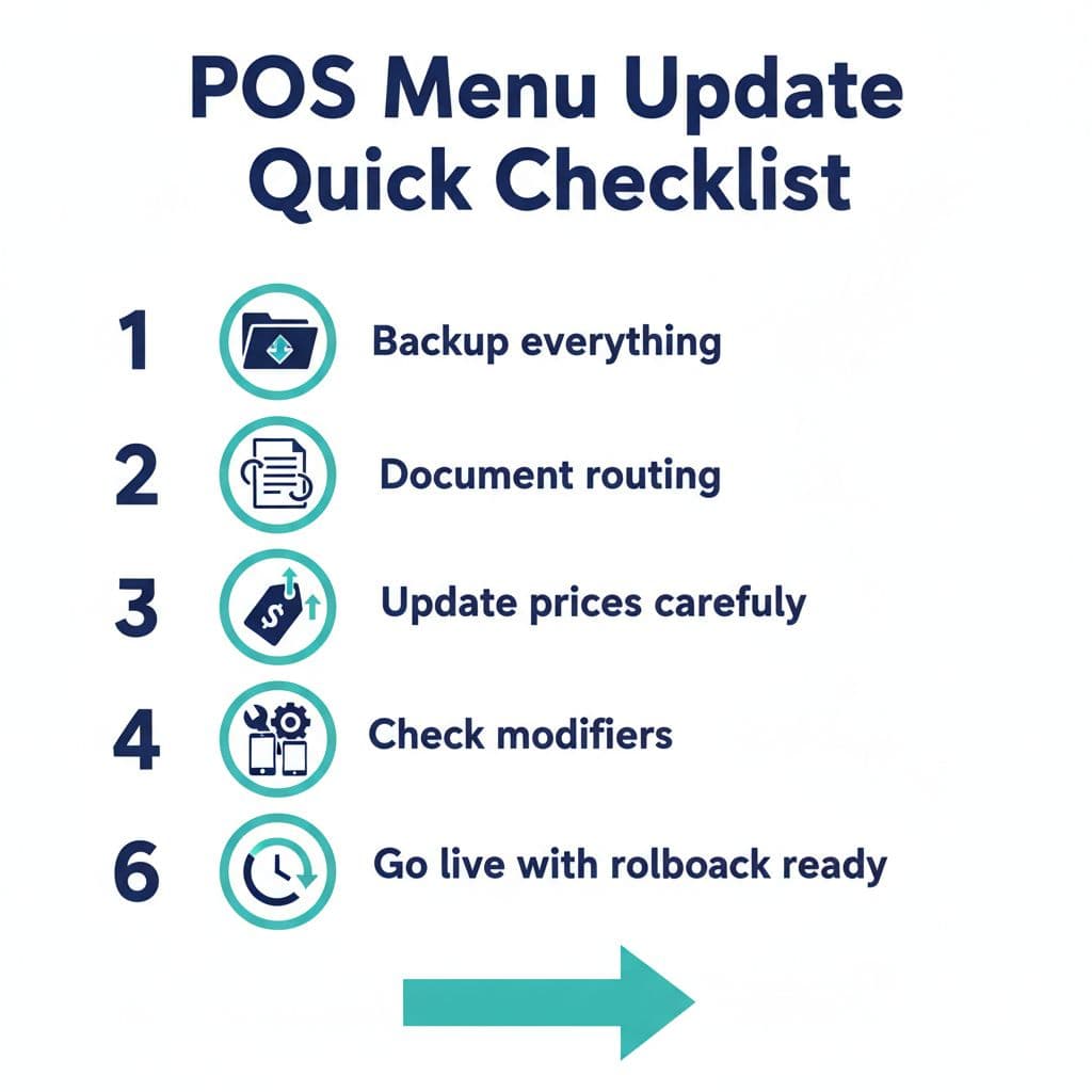 Clean, modern print-ready infographic summarizing key steps for updating POS menus, including backup, documentation, price updates, modifier checks, testing, and go-live with rollback.