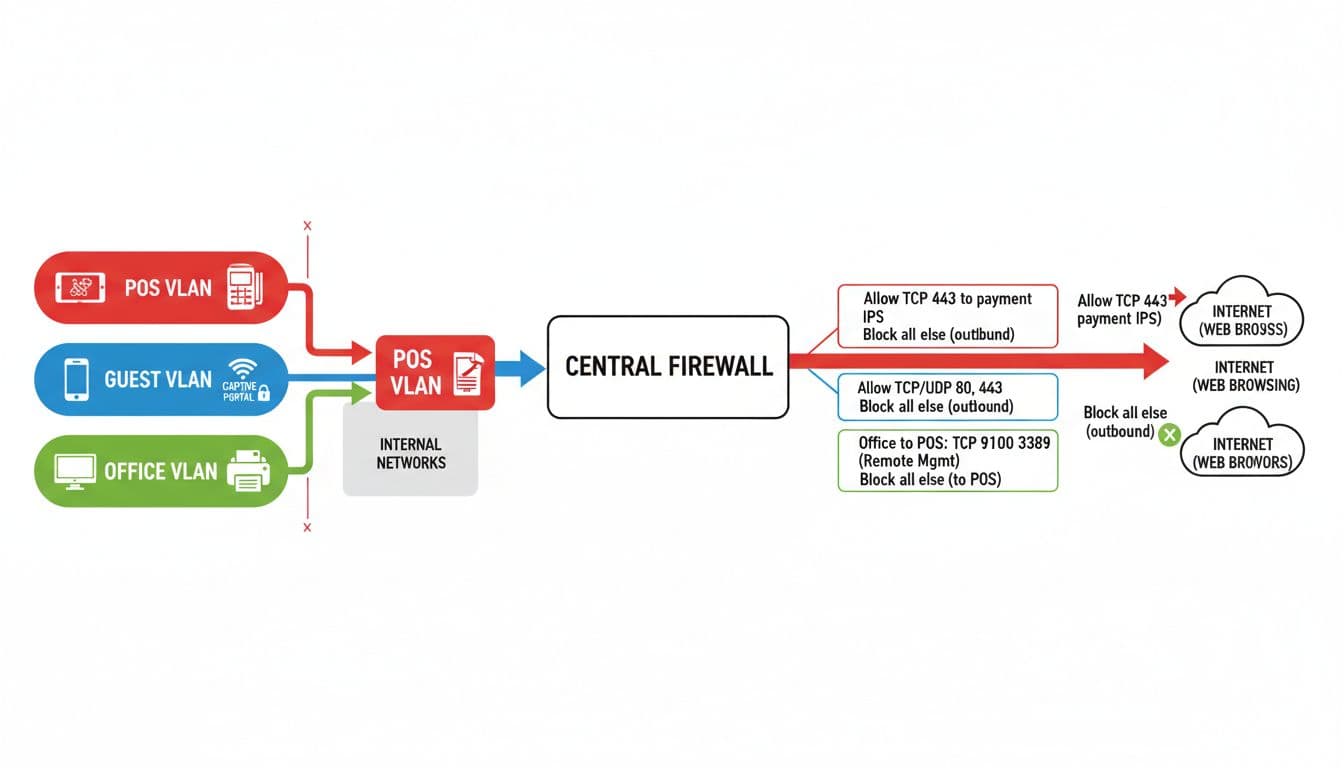 A clean, modern vector infographic depicting firewall rules for POS network segmentation, with a central firewall connecting POS VLAN to payment processors only, Guest VLAN to Internet via captive portal, and Office VLAN to POS on specific ports like TCP 9100.