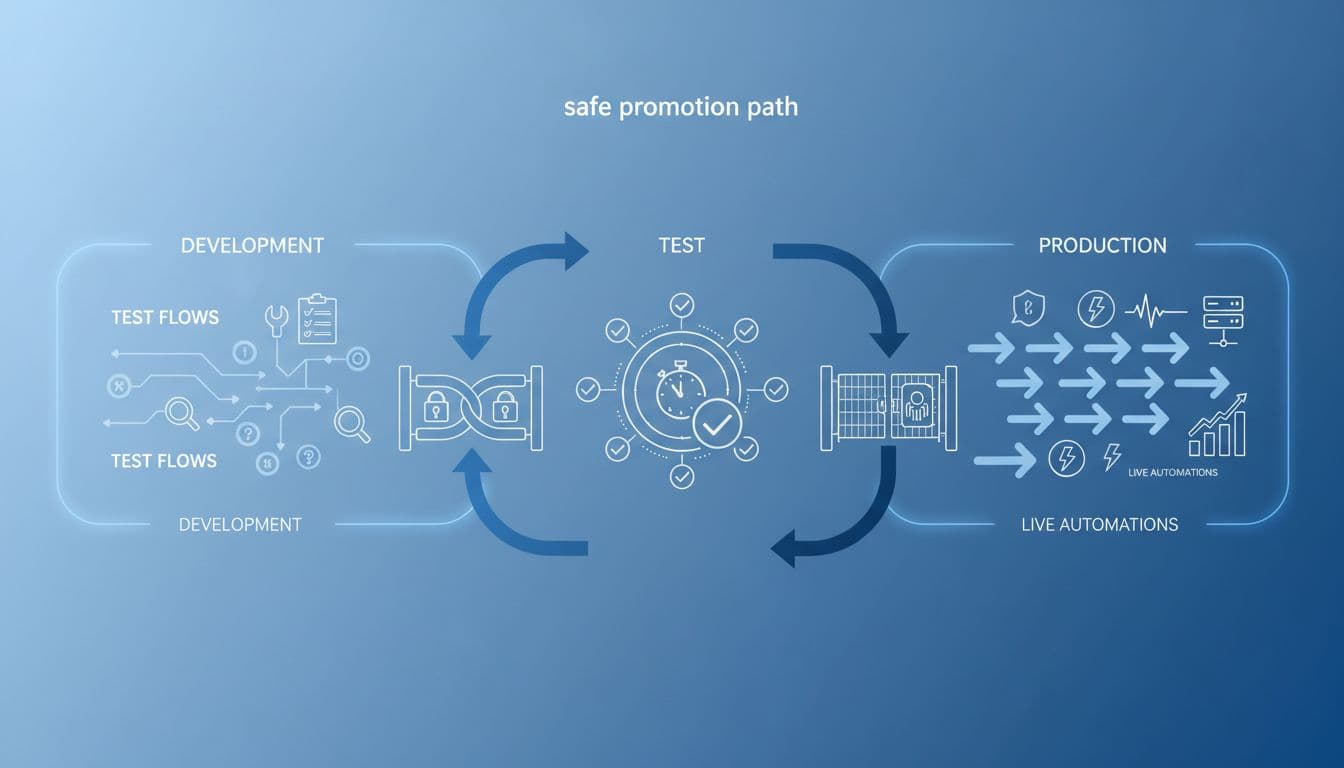 Clean vector illustration of three separated Power Automate environments: development with test flows, test area validating flows, and production with live automations. Arrows show safe promotion path between sections with secure barriers.