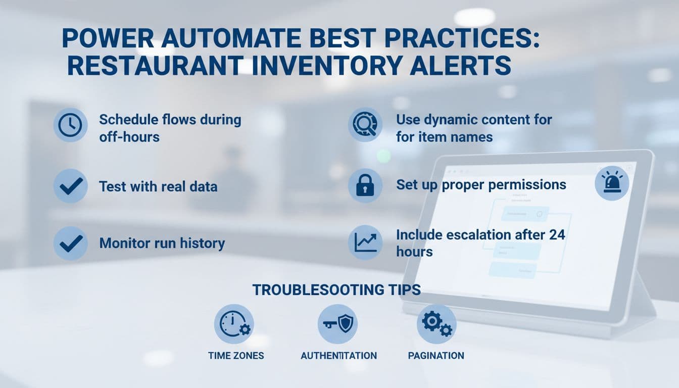 A clean, modern vector-style infographic checklist outlining best practices for using Power Automate in restaurant inventory alerts, with check icons for key tips and troubleshooting icons.