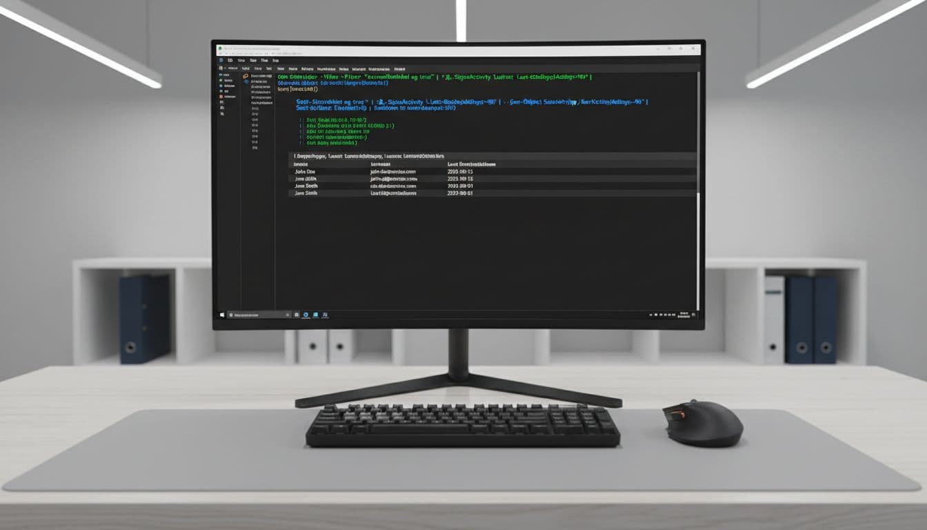 Screen shows blurred PowerShell output listing inactive Entra ID users sorted by last sign-in in clean IT workspace with keyboard and mouse.
