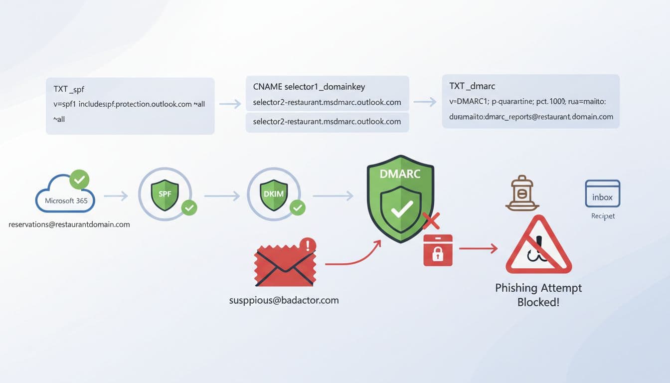 Clean modern technical illustration depicting a legitimate restaurant reservation email successfully passing SPF, DKIM, and DMARC checkpoints in Microsoft 365, while a spoofed phishing email is blocked.