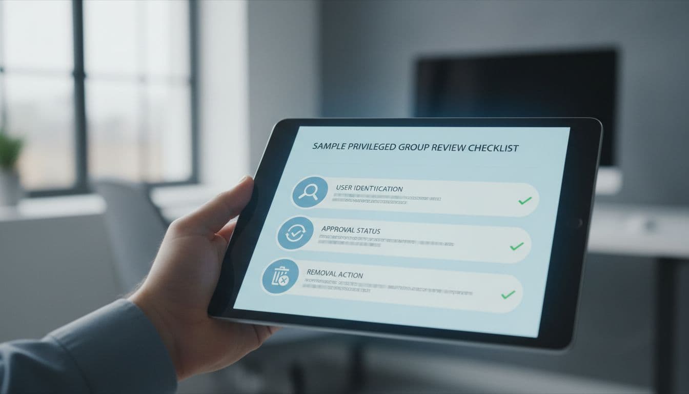Hand holds tablet displaying icon-based checklist for privileged role verification in office.