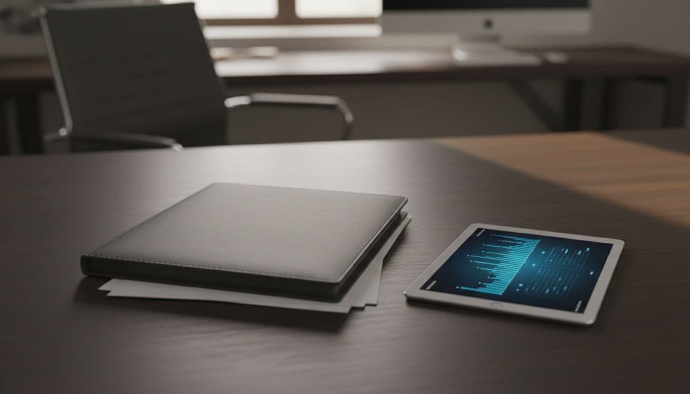 A professional folder rests on a wooden desk beside a digital tablet in a clean office setting.