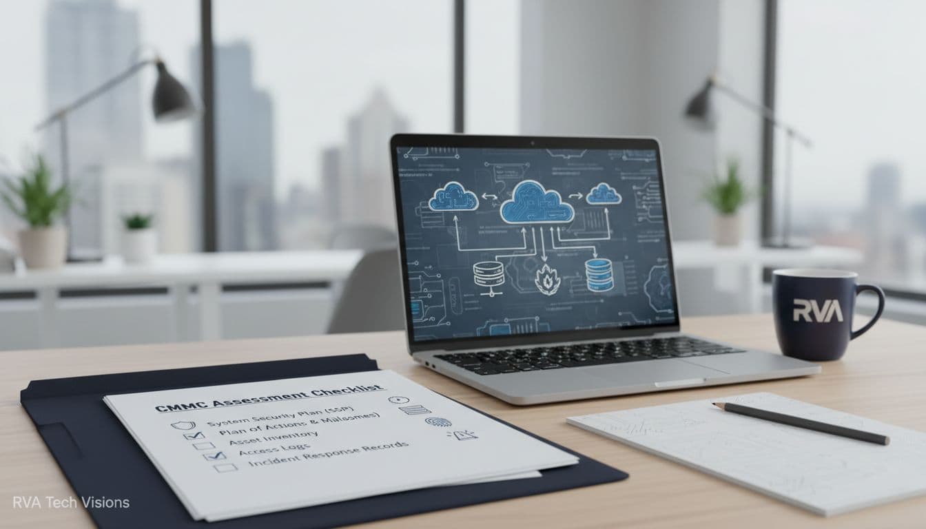 A landscape view of a professional CMMC assessment checklist on a modern office desk, featuring printed documents like System Security Plan, POA&M, asset inventory, and more, with a laptop displaying a secure cloud network diagram, coffee mug, and notepad. Rendered in a minimalist cybersecurity style with dark navy and white tones, subtle circuit patterns, and clean illustrative line art.