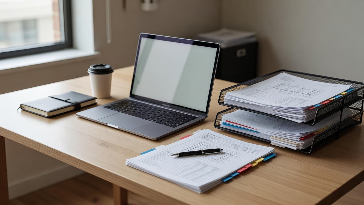 An organized office desk with a laptop and structured compliance paperwork.
