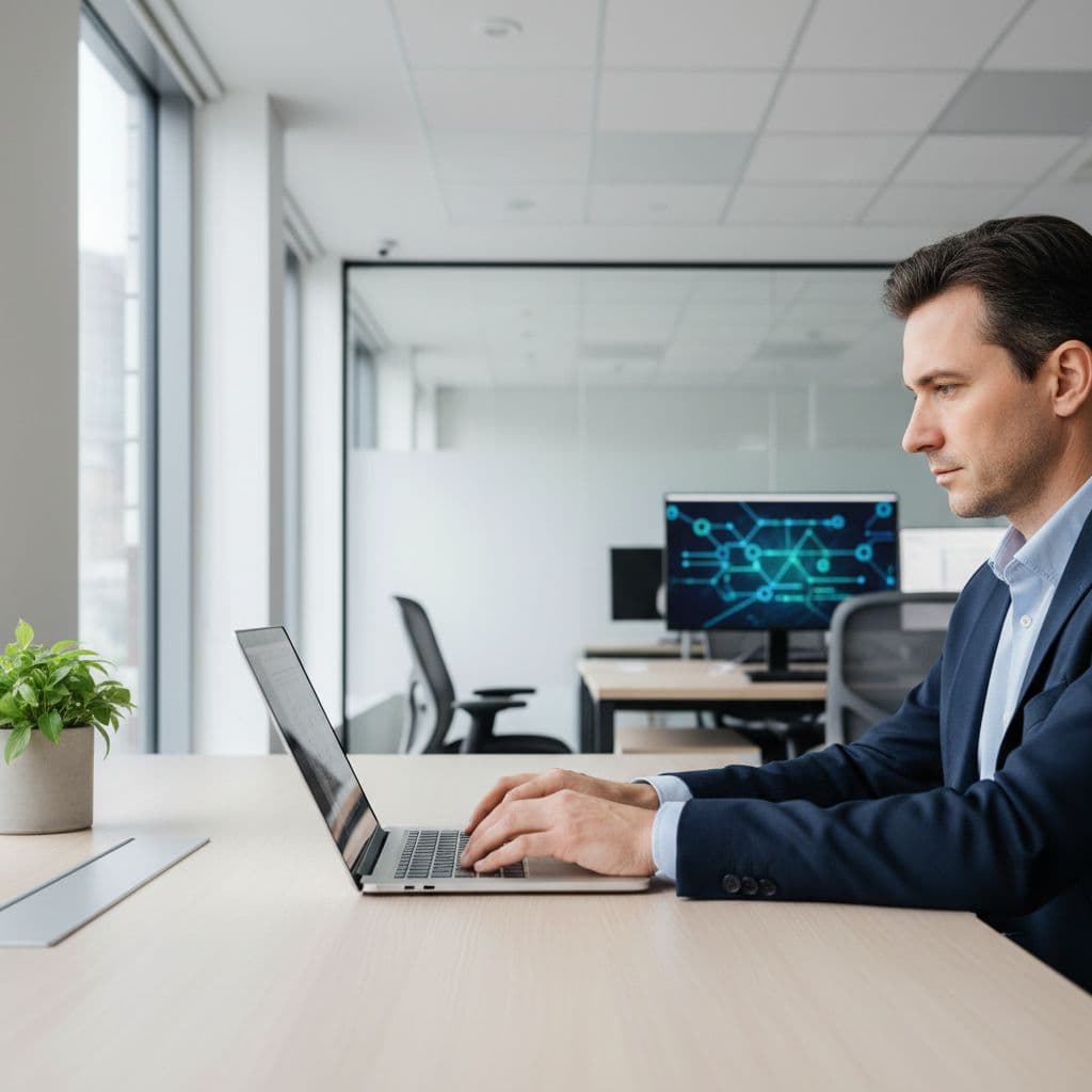 A focused professional types on a metallic laptop while sitting at a clean, minimalist desk. Soft natural light illuminates the workspace, highlighting the organized setup conducive to building secure network foundations.