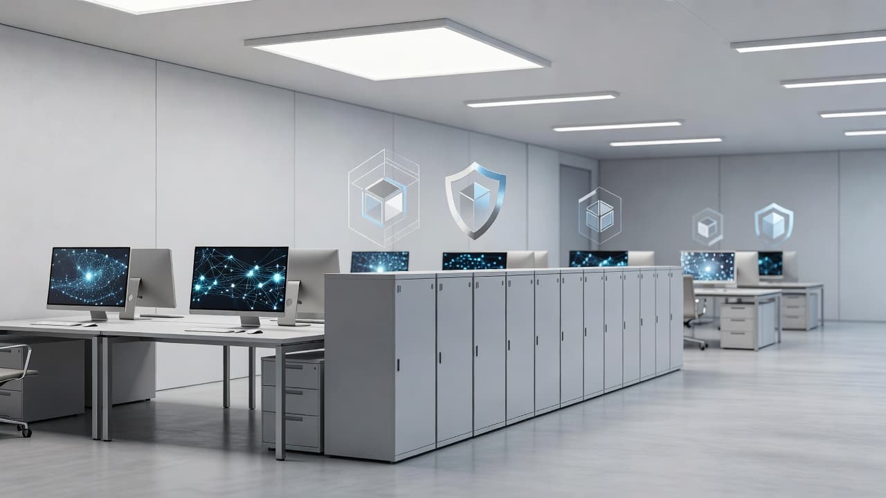 A minimalist desk setup features a sleek monitor displaying abstract digital charts alongside organized glass filing folders. Soft blue ambient lighting emphasizes the structured arrangement of hardware and security systems.