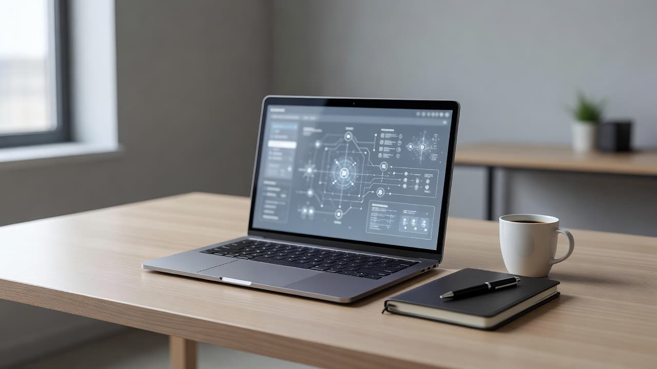 A sleek laptop displays complex security interface visuals on its screen, resting upon a clean white desk. The surrounding environment remains clutter-free to emphasize an organized and highly efficient digital workstation.