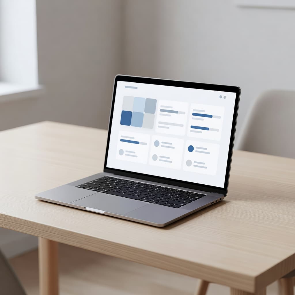 A sleek silver laptop sits open on a minimalist desk, displaying a glowing blue system configuration interface. Warm natural light illuminates the clean workspace, creating a soft focus background effect.