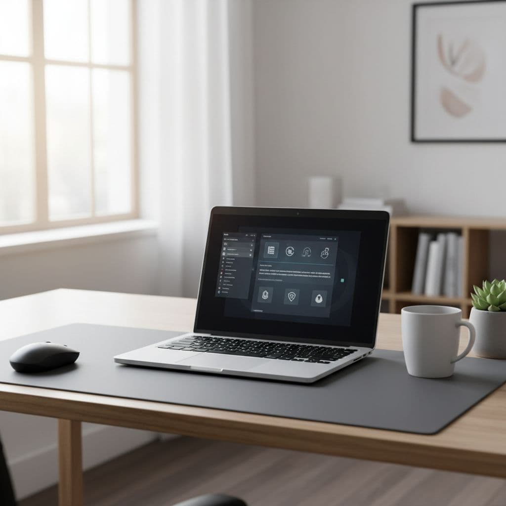 A clean, minimalist desk features an open modern laptop bathed in soft natural light.