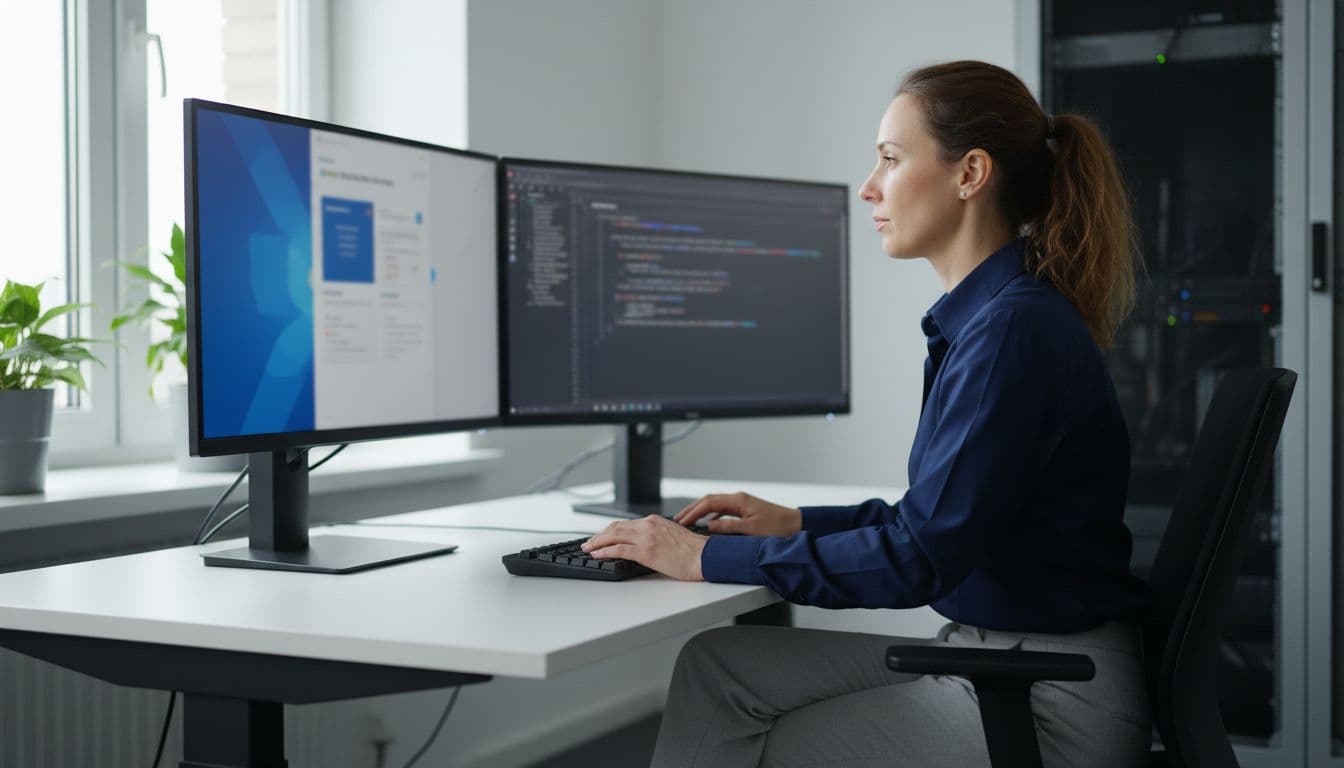 Professional IT administrator in modern office at desk with dual monitors, one showing Microsoft Defender for Cloud Apps connected apps overview, relaxed hands on keyboard, natural daylight.