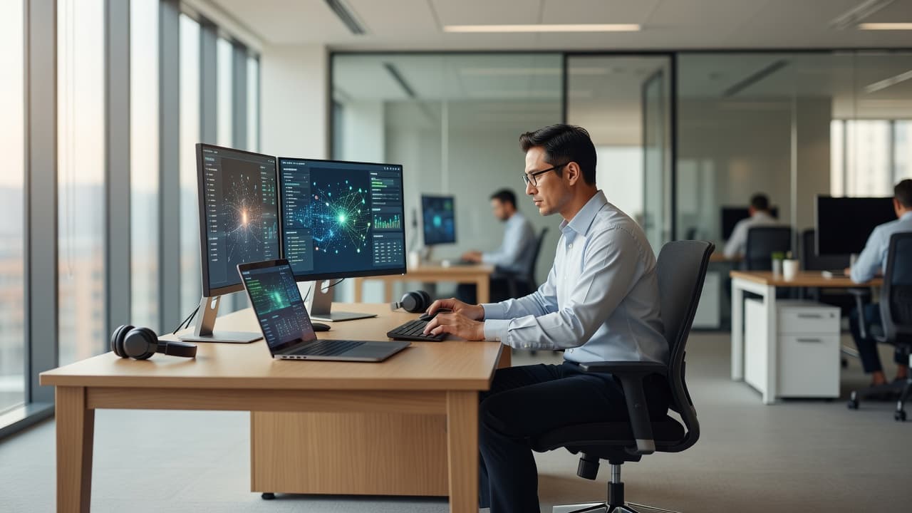 A focused IT administrator sits at a minimalist desk equipped with dual monitors and a sleek laptop. Soft natural light illuminates the modern office interior, highlighting a clean, organized workspace setup.