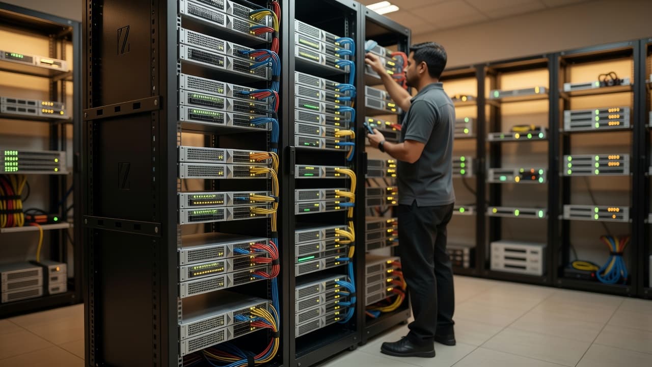 A technician wearing a dark shirt stands before a rack of modern hardware, carefully organizing blue ethernet cables. Warm ambient light illuminates the neat equipment inside this compact business server room.